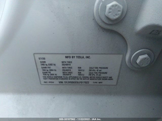 2020 TESLA MODEL Y LONG RANGE VIN: 5YJYGDEE5LF017022