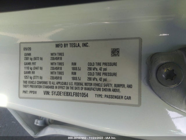 Tesla Model 3 Long Range 2020 5YJ3E1EBXLF801054 Image 10