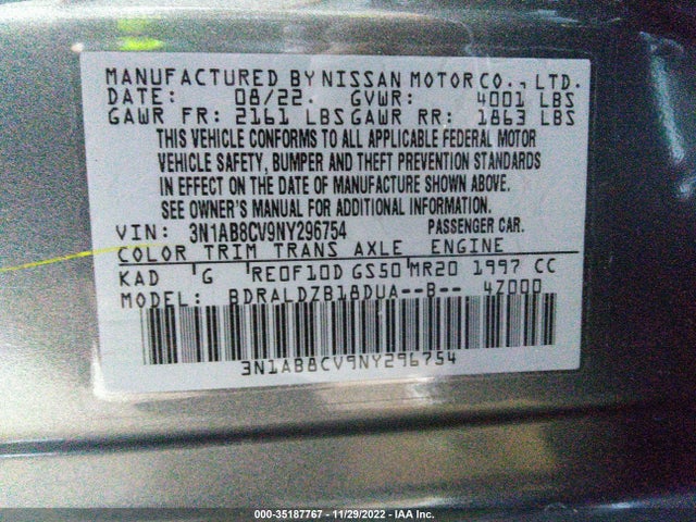 2022 NISSAN SENTRA SV VIN: 3N1AB8CV9NY296754