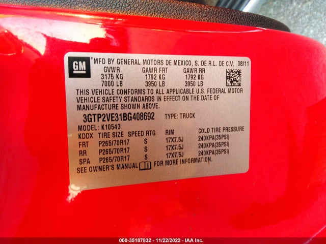 2011 GMC SIERRA 1500 SLE VIN: 3GTP2VE31BG408692