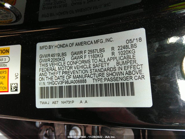 2018 Honda Accord, VIN: 1HGCV3F98JA006888