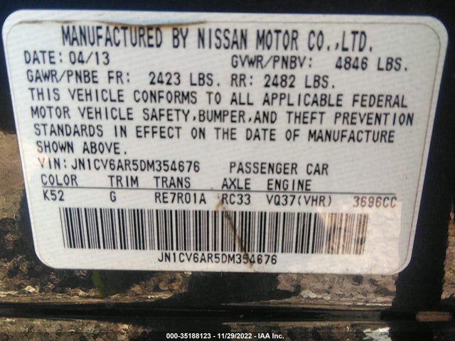 2013 INFINITI G37 SEDAN X VIN: JN1CV6AR5DM354676
