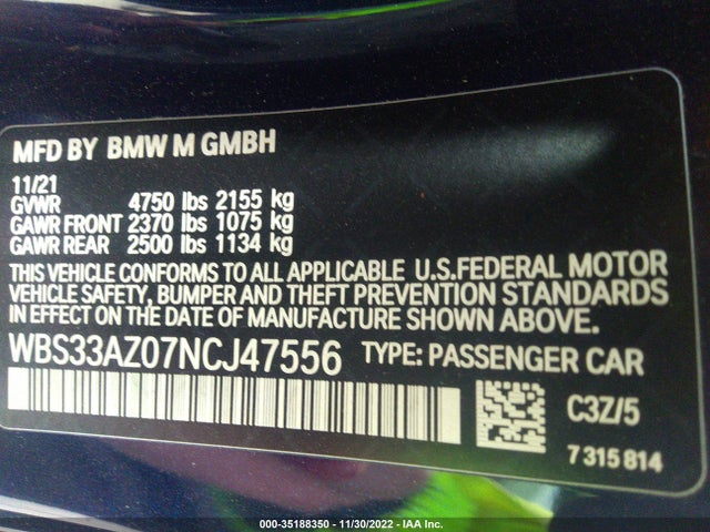 2022 BMW M4, VIN: WBS33AZ07NCJ47556