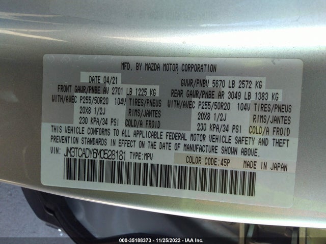 2021 MAZDA CX-9 GRAND TOURING VIN: JM3TCADY6M0528181