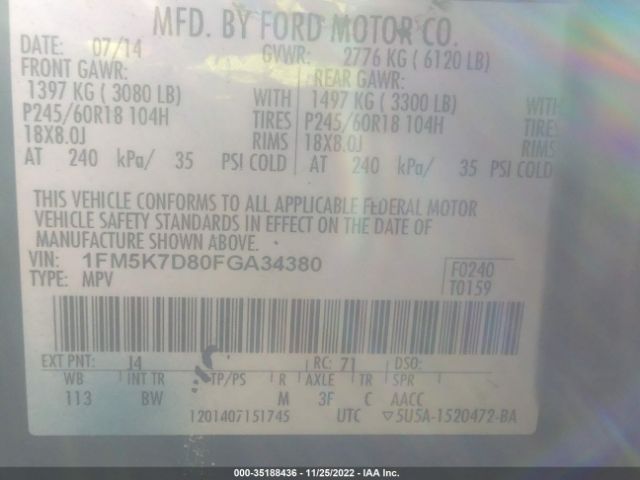 1FM5K7D80FGA34380 Ford EXPLORER XLT