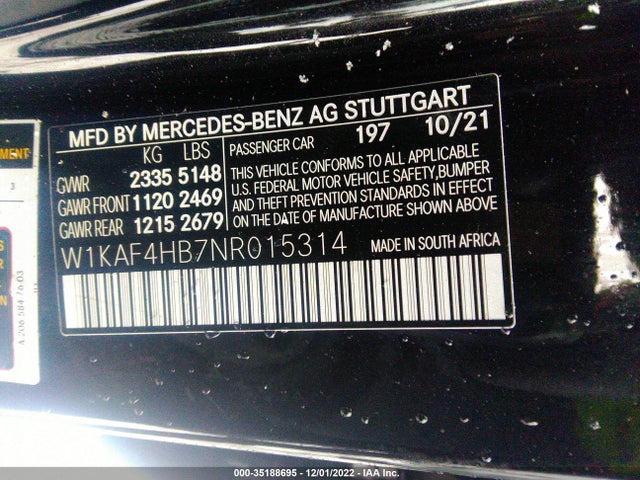 2022 Mercedes-Benz C-Class, VIN: W1KAF4HB7NR015314