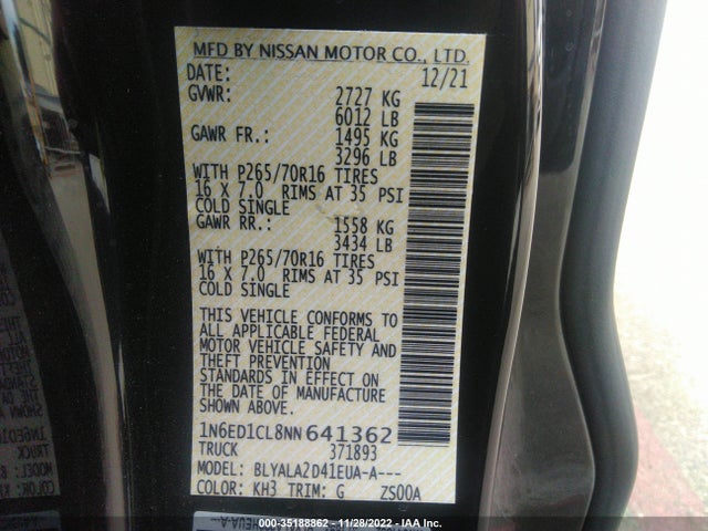 2022 Nissan Frontier, VIN: 1N6ED1CL8NN641362