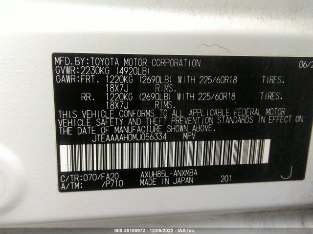 2021 Toyota Venza, VIN: JTEAAAAH0MJ056334