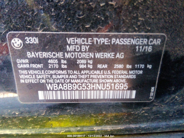 2017 BMW 3 Series, VIN: WBA8B9G53HNU51695