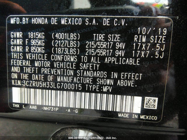 2020 Honda HR-V, VIN: 3CZRU5H33LG700015