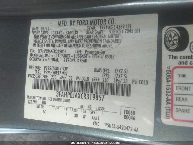 2012 FORD FUSION SEL VIN: 3FAHP0JAXCR319857