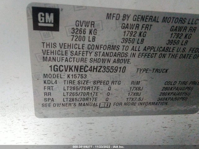 2017 CHEVROLET SILVERADO 1500 WORK TRUCK VIN: 1GCVKNEC4HZ355910