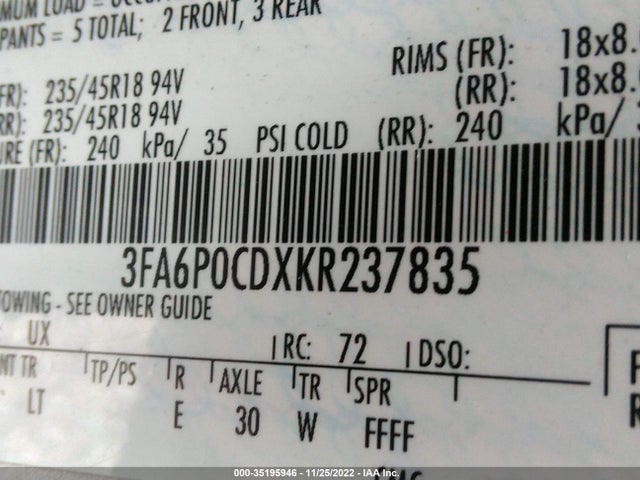 2019 Ford Fusion, VIN: 3FA6P0CDXKR237835