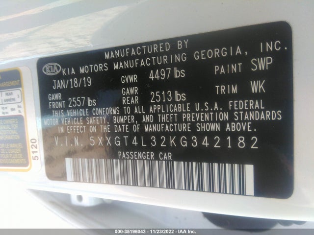 2019 Kia Optima, VIN: 5XXGT4L32KG342182