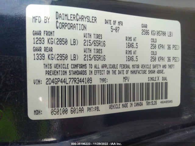 2007 DODGE GRAND CARAVAN SXT VIN: 2D4GP44L77R344109