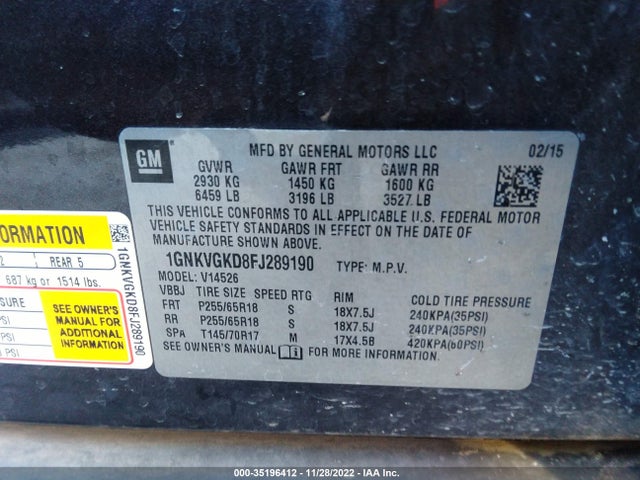 Chevrolet Traverse Lt 2015 1GNKVGKD8FJ289190 Image 10