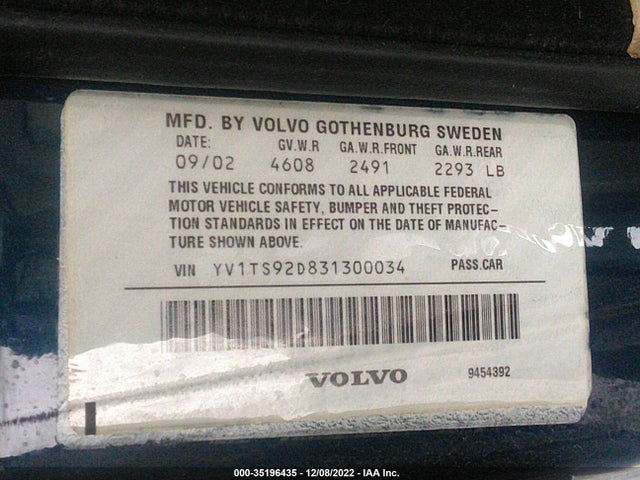 2003 VOLVO S80 2.9L VIN: YV1TS92D831300034
