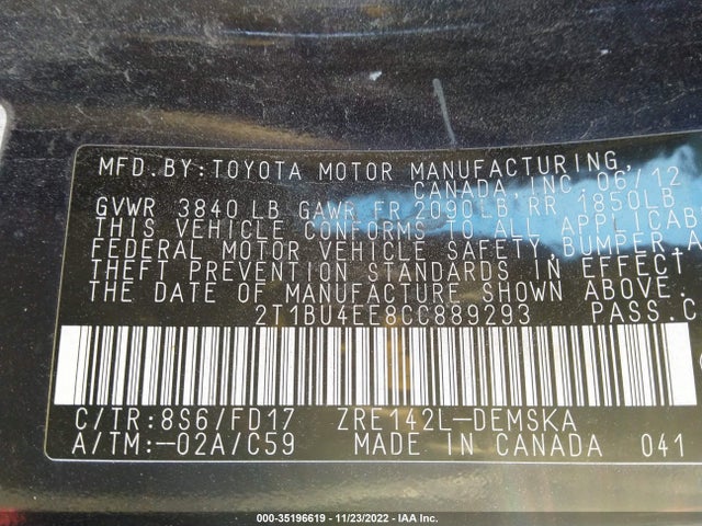 2012 TOYOTA COROLLA L/LE/S VIN: 2T1BU4EE8CC889293