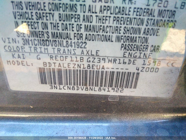 2022 Nissan Versa, VIN: 3N1CN8DV8NL841922