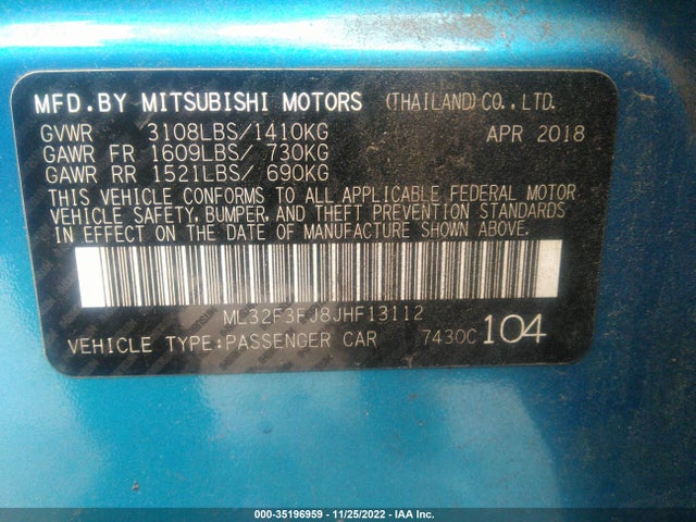 2018 MITSUBISHI MIRAGE G4 ES VIN: ML32F3FJ8JHF13112