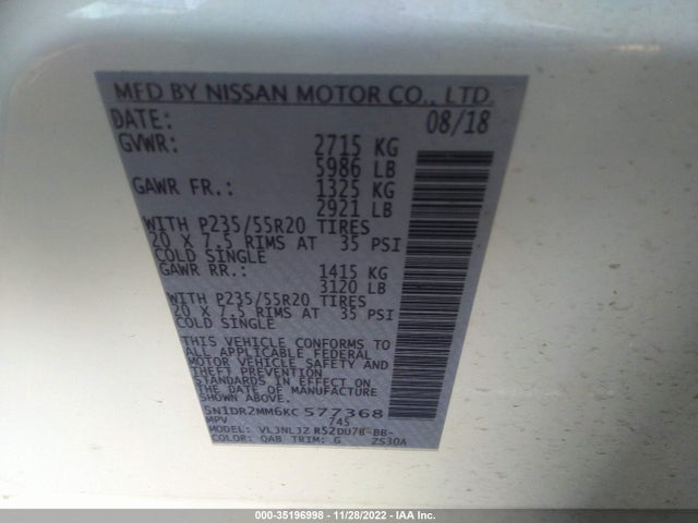 2019 NISSAN PATHFINDER PLATINUM VIN: 5N1DR2MM6KC577368