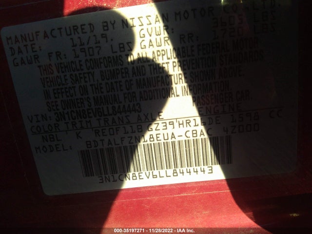 2020 Nissan Versa, VIN: 3N1CN8EV6LL844443