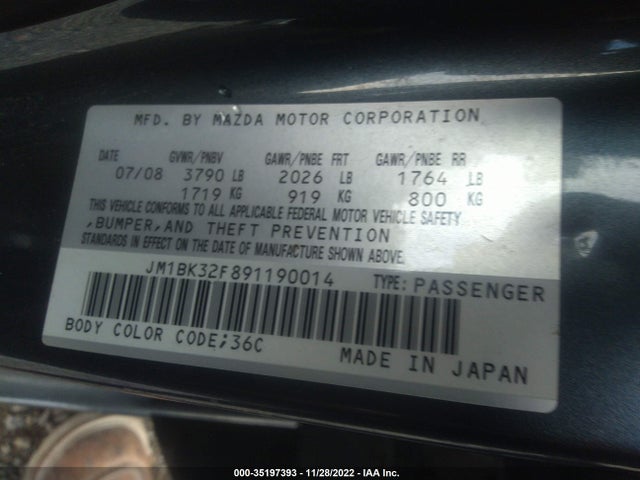 2009 MAZDA MAZDA3 I TOURING VALUE VIN: JM1BK32F891190014