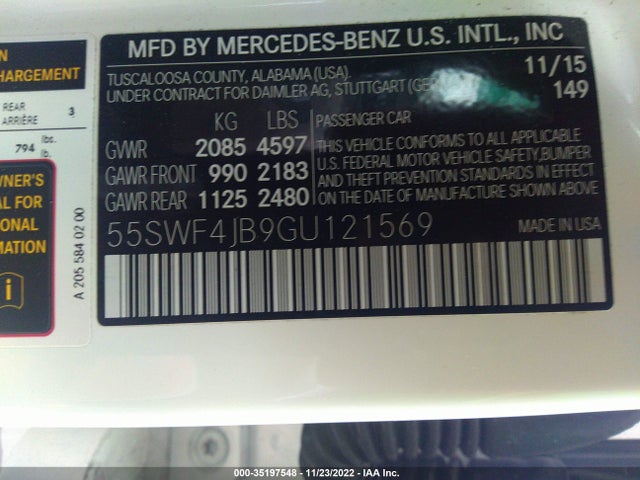 35197548 :رقم المزاد ، 55SWF4JB9GU121569 vin ، 2016 Mercedes-benz C-class C 300 مزاد بيع