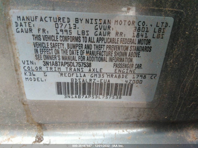 2013 NISSAN SENTRA SR VIN: 3N1AB7AP5DL757538