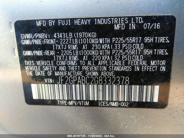 2016 Subaru Crosstrek, VIN: JF2GPABC2G8332378