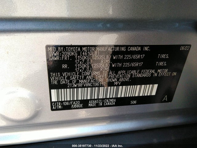 2022 Toyota RAV4, VIN: 2T3W1RFV8NC196112