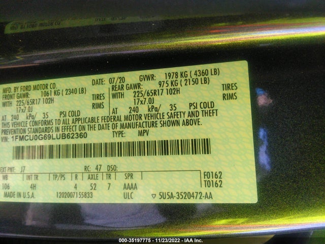 2020 Ford Escape, VIN: 1FMCU0G69LUB62360