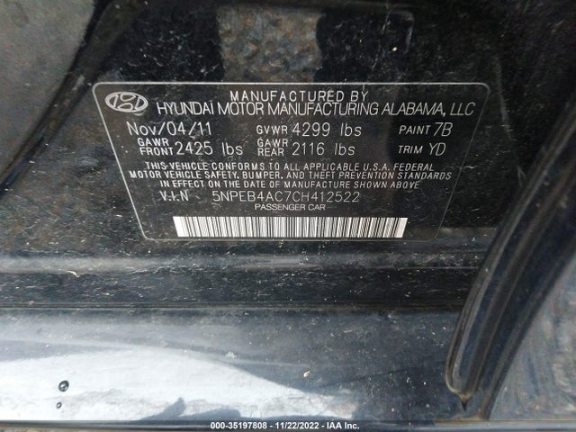 2012 HYUNDAI SONATA GLS VIN: 5NPEB4AC7CH412522