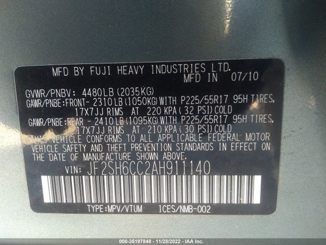 2010 SUBARU FORESTER 2.5X PREMIUM VIN: JF2SH6CC2AH911140