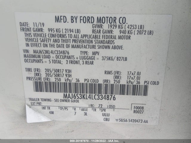 2020 FORD ECOSPORT TITANIUM VIN: MAJ6S3KL4LC334876