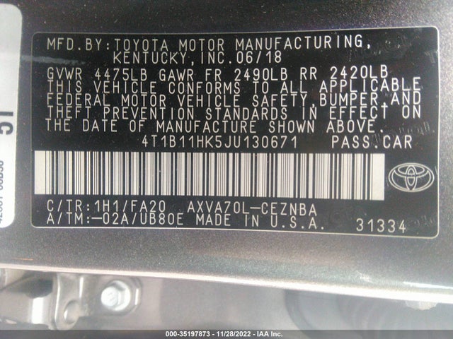 2018 Toyota Camry, VIN: 4T1B11HK5JU130671