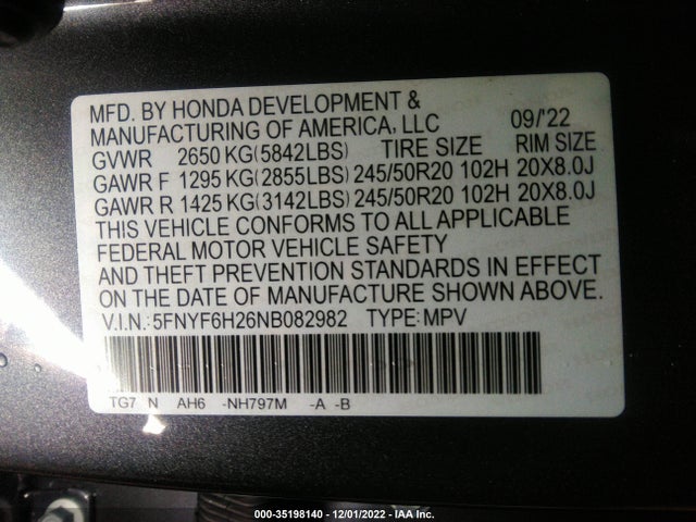 2022 Honda Pilot, VIN: 5FNYF6H26NB082982