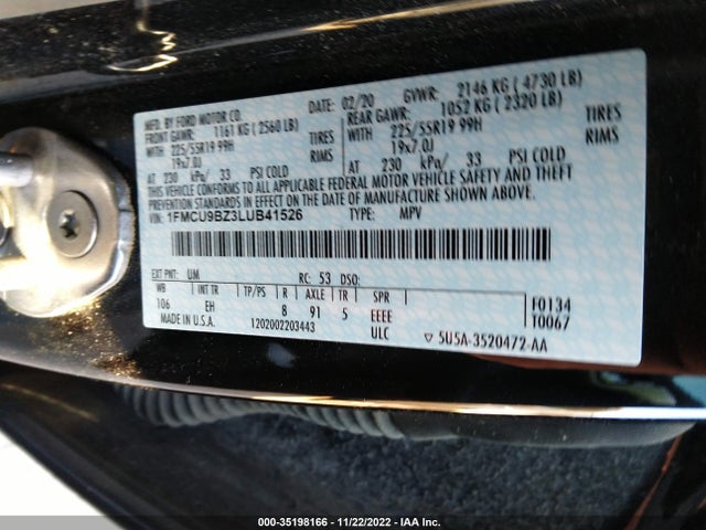 2020 Ford Escape, VIN: 1FMCU9BZ3LUB41526