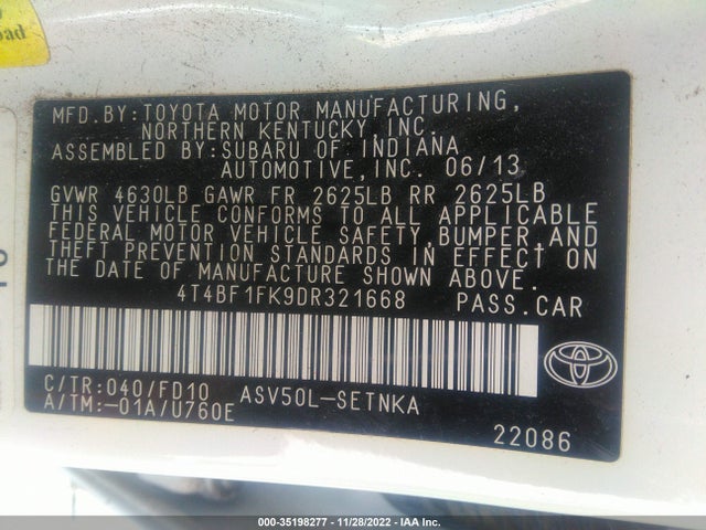 2013 TOYOTA CAMRY L/LE/SE/XLE VIN: 4T4BF1FK9DR321668