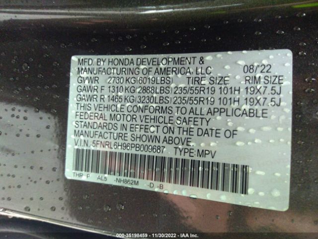 5FNRL6H96PB009687 Honda Odyssey Elite