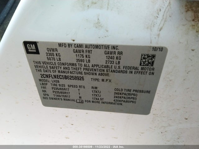 2011 CHEVROLET EQUINOX LT W/2LT VIN: 2CNFLNEC5B6258926