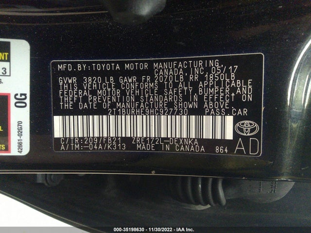 2017 TOYOTA COROLLA L/LE/XLE/SE VIN: 2T1BURHE9HC927730