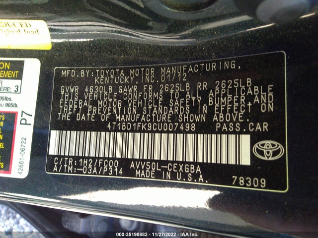 2012 TOYOTA CAMRY HYBRID XLE/LE VIN: 4T1BD1FK9CU007498