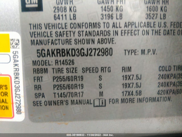 2016 BUICK ENCLAVE LEATHER VIN: 5GAKRBKD3GJ272980