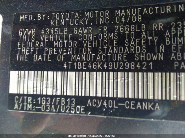 Продаж на аукціоні авто 2009 Toyota Camry, vin: 4T1BE46K49U298421, номер лоту: 35198970