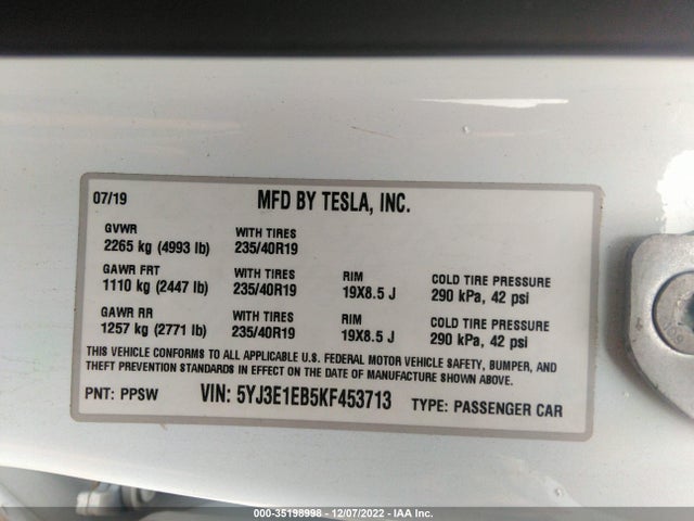 2019 Tesla 3, VIN: 5YJ3E1EB5KF453713