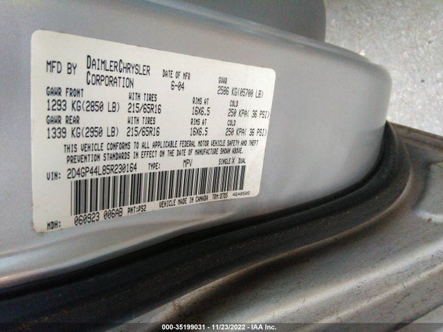 2005 DODGE GRAND CARAVAN SXT VIN: 2D4GP44L85R230164