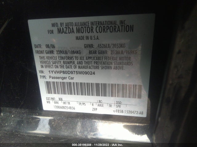 2007 MAZDA MAZDA6 S TOURING VIN: 1YVHP80D975M09024