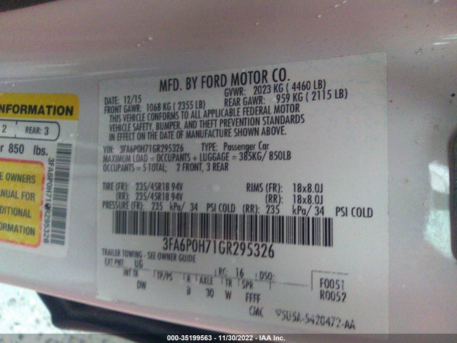 Ford FUSION SE 2016 3FA6P0H71GR295326 Image 9