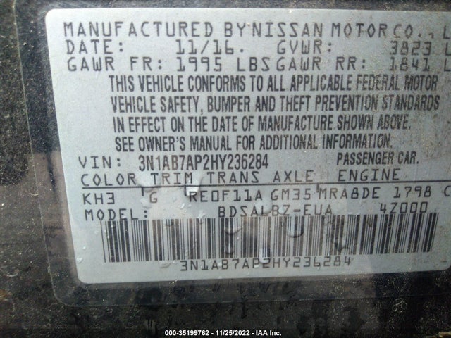 2017 NISSAN SENTRA S VIN: 3N1AB7AP2HY236284